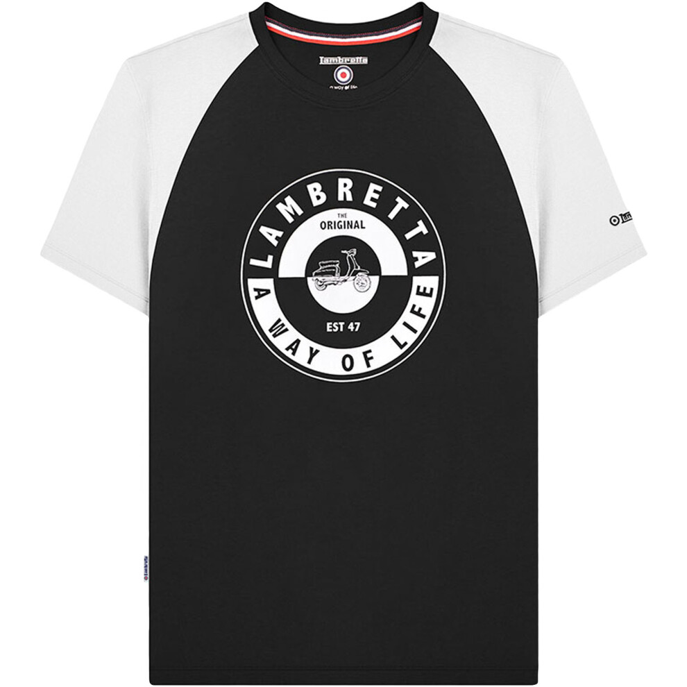 (S, Black/White) Lambretta Mens Scooter Two Tone Short Sleeve Crew Neck T-Shirt Top - Black/White