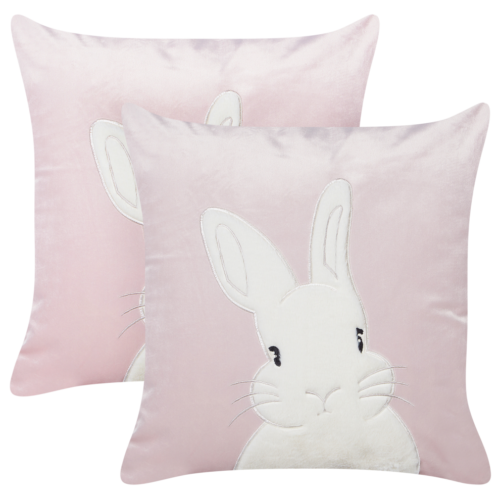 Set of 2 Velvet Embroidered Cushions Bunny Pattern 45 x 45 cm Pink IBERIS