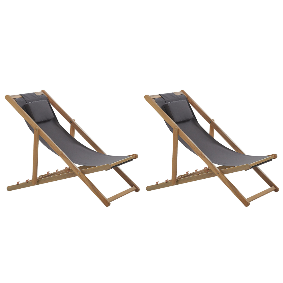 Set of 2 Folding Deck Chairs AVELLINO with Replacement Fabrics Acacia Wood Dark Brown