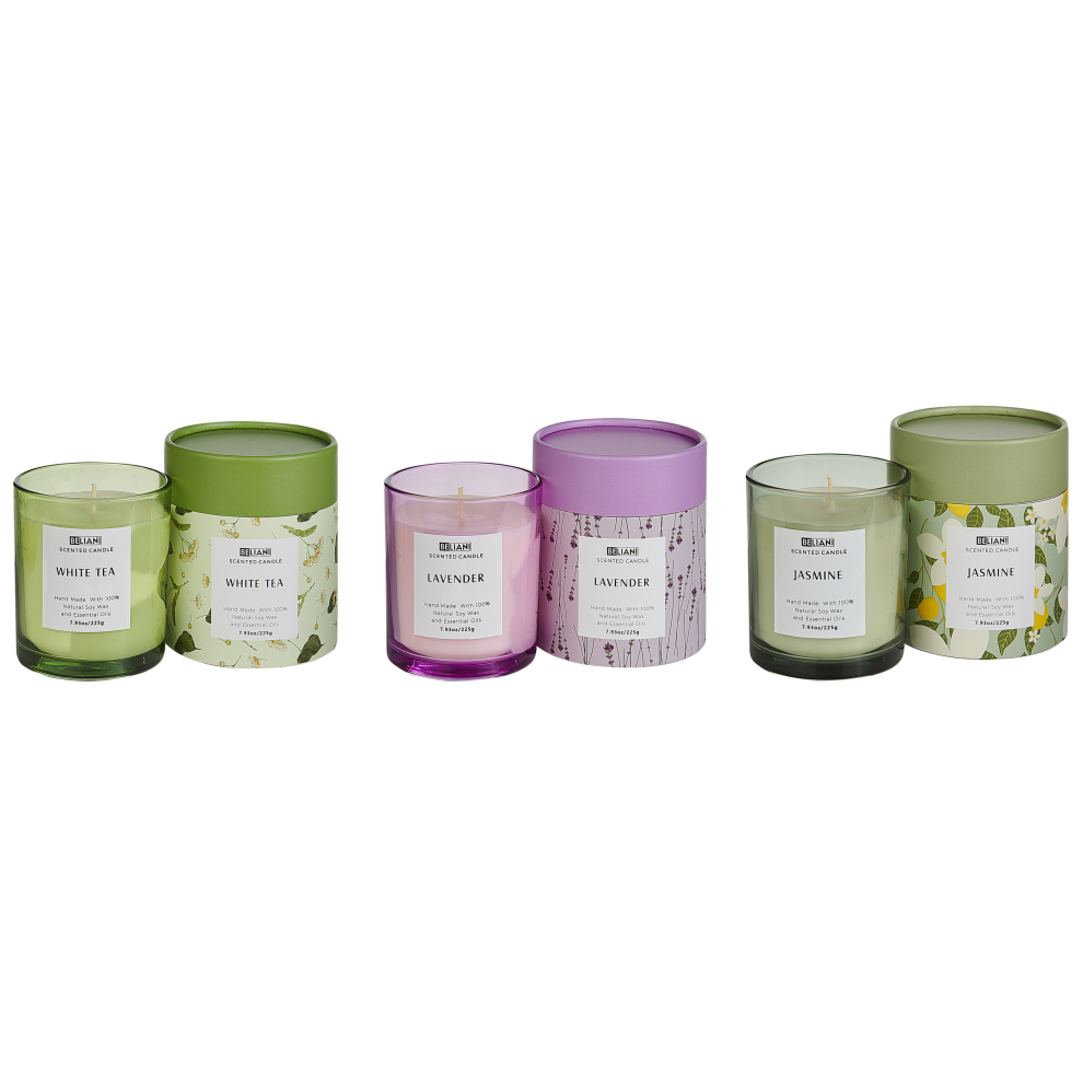 Set of 3 Scented Candles COLORFUL BARREL Soy Wax Fresh Notes Floral Notes