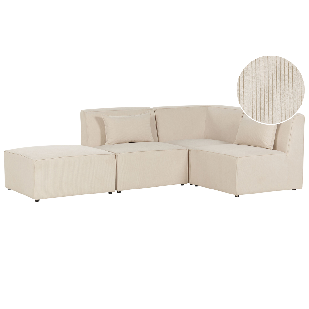 Left Hand 3 Seater Modular Jumbo Cord Corner Sofa with Ottoman Beige LEMVIG