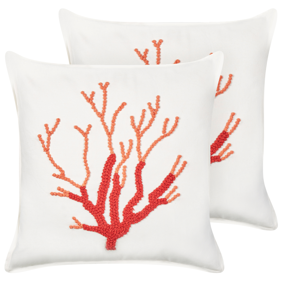 Set of 2 Decorative Cushions CORALIUM Cotton 45 x 45 cm White Plant Pattern