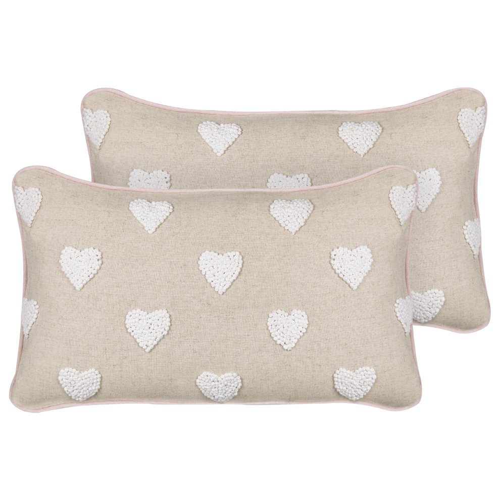 Set of 2 Cotton Cushions Embroidered Hearts 30 x 50 cm Beige GAZANIA
