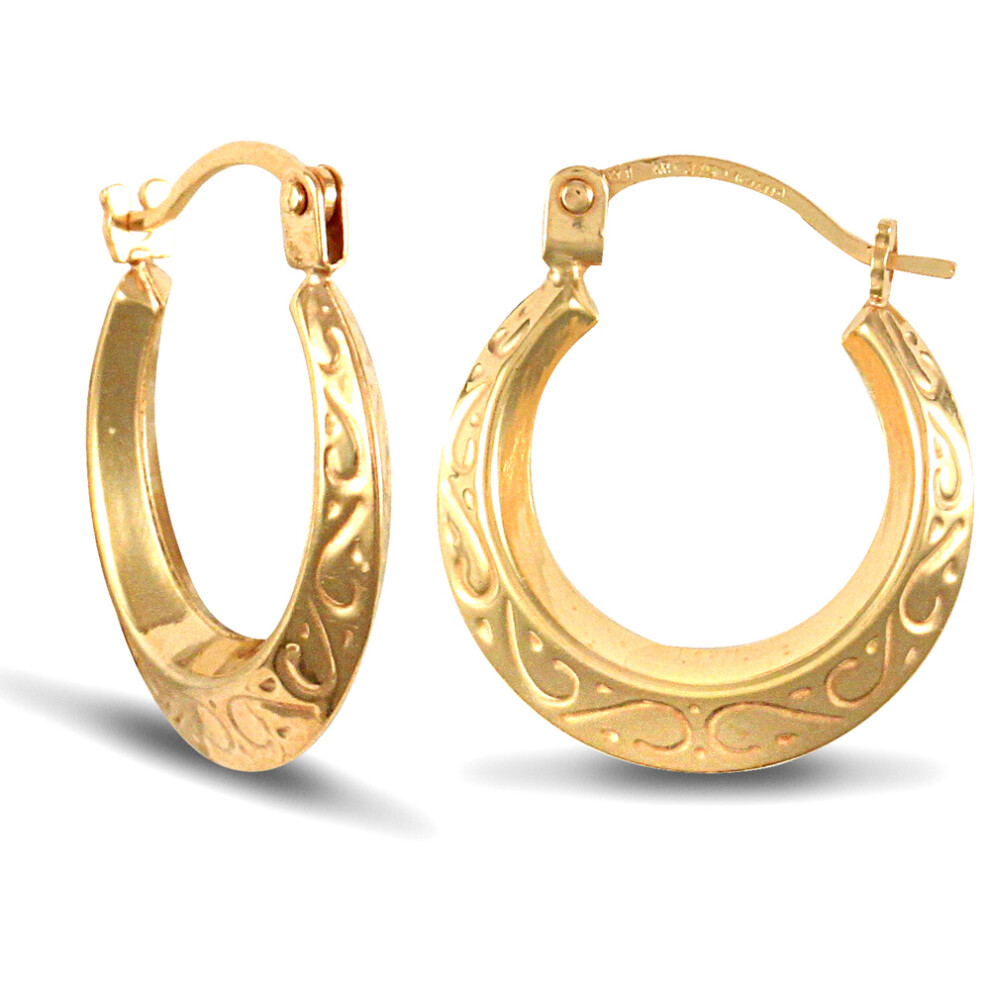 9ct Gold  Floral Engraved Creole Earrings 15mm - JER027