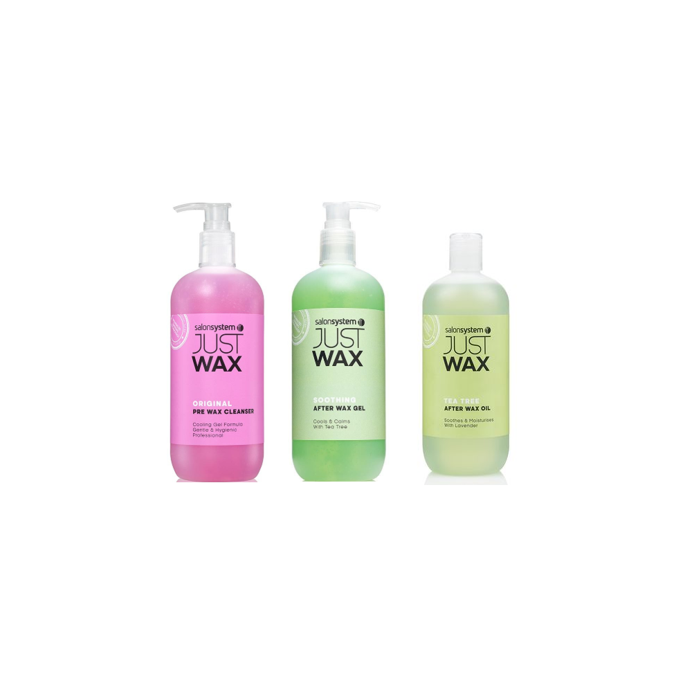 Salon System Just Wax Cleansing Pre Wax Gel 500ml, Soothing Tea Tree After Wax Gel 500ml and Tea Tree After Wax Oil 500ml