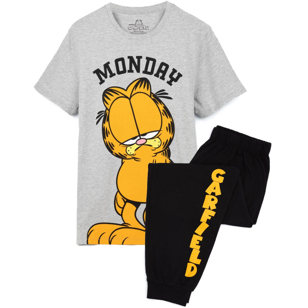 (L, Grey/Black/Yellow) Garfield Mens Monday Long Pyjama Set