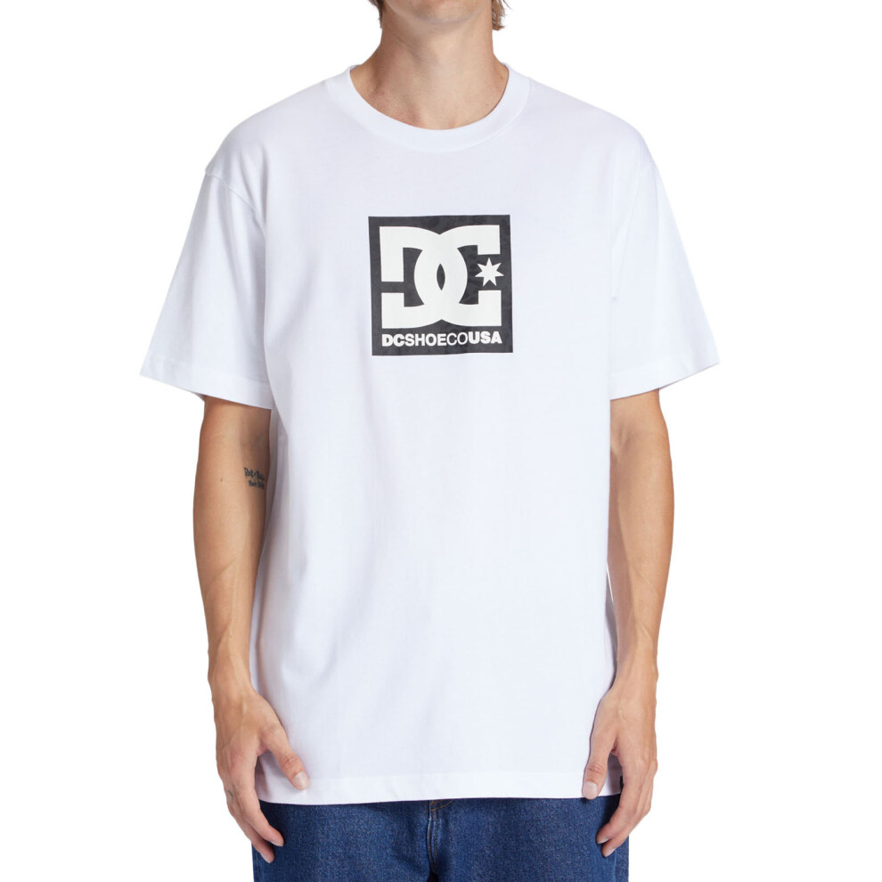 (M, White) DC Shoes Mens Square Star Fill Short Sleeve Crew Neck Cotton T-Shirt Top Tee