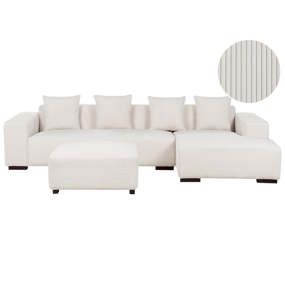 Left Hand Jumbo Cord Corner Sofa with Ottoman Off-White LUNGO