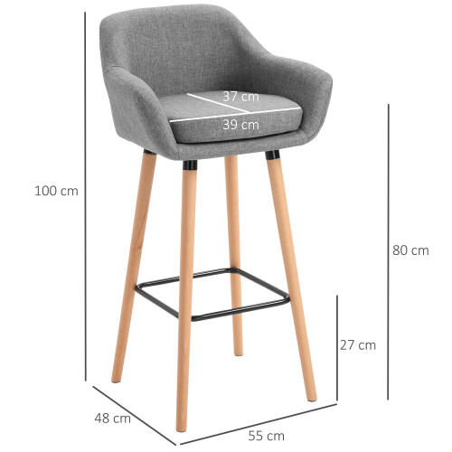Homcom HOMCOM 2 PCs Upholstered Bucket Seat Bar Stools w/ Solid Wood Legs Grey 1