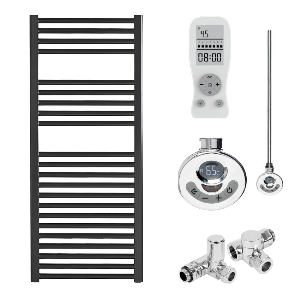 (50 Cm, 120 Cm) Bray Black Straight Towel Warmer / Heated Towel Rail Radiator - Dual Fuel, Thermostat + Timer 5060438406633