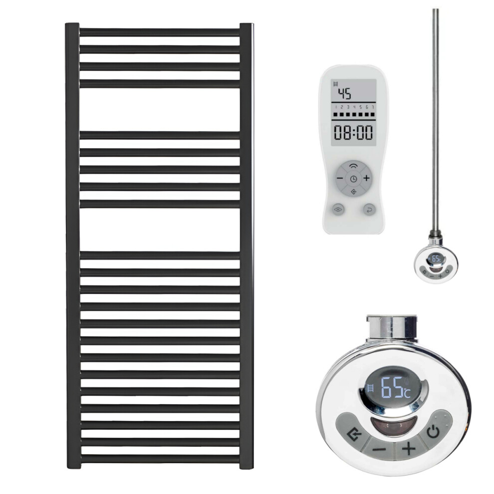 (50 Cm, 120 Cm) Bray Black Straight Towel Warmer / Heated Towel Rail Radiator - Electric, Thermostat + Timer 5060438406701