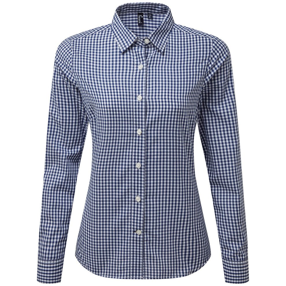 (S, Navy/White) Premier Womens/Ladies Maxton Gingham Long-Sleeved Shirt