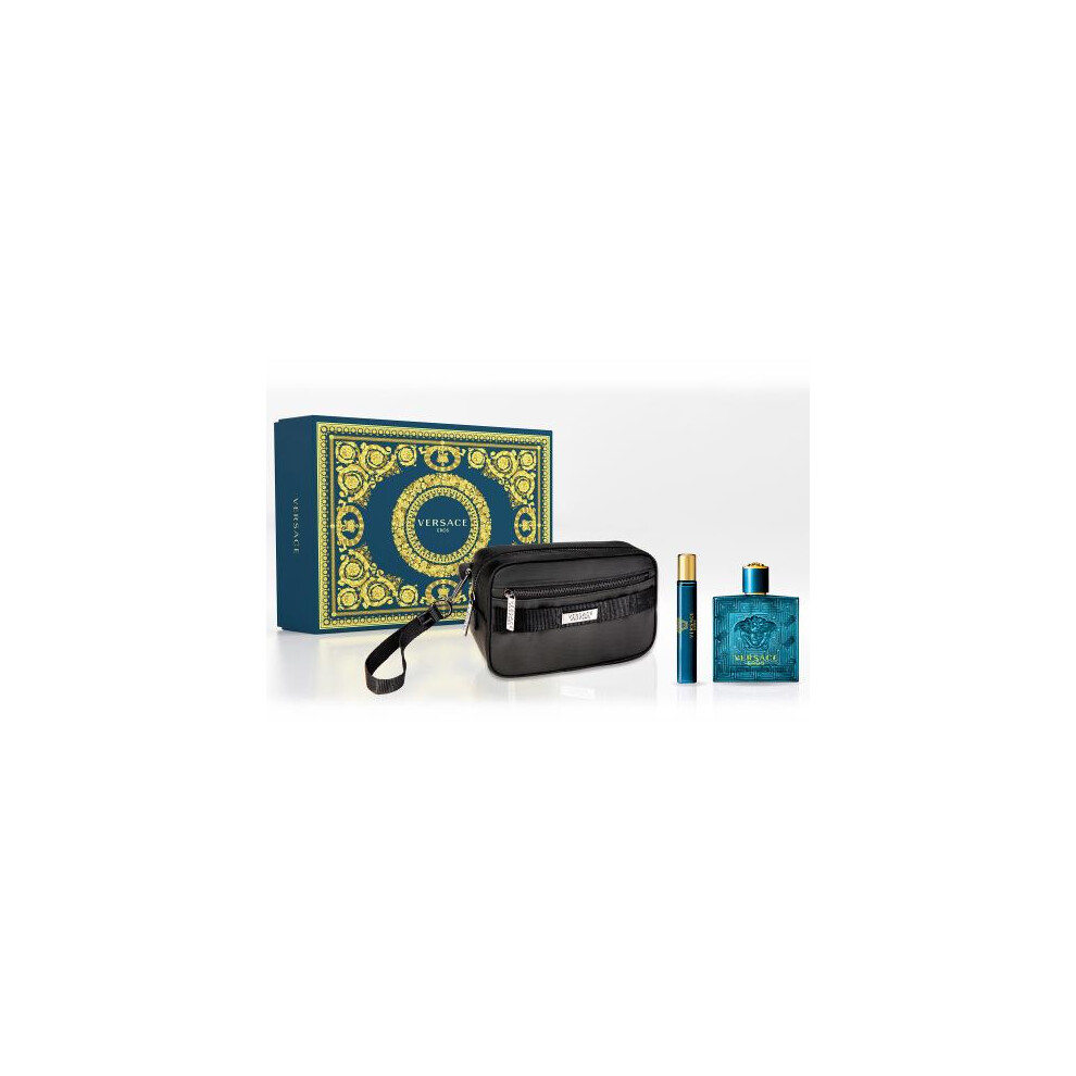 Versace Eros 3 Pcs Set For Men: 3.4 Eau De Toilette Spray + 10 Ml Eau De Toilette Travel Spray + Trousse (Picture Box)