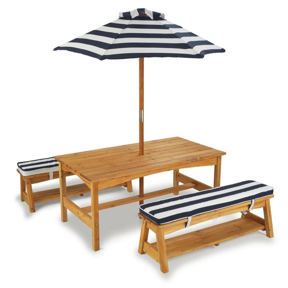 KidKraft Wooden Garden Table and Bench set for Kids with Cushions and Parasol, Outdoor Garden Furniture For Children, Navy and White Stripes, 00106-image-OPC-PDJ7GDW-NEW