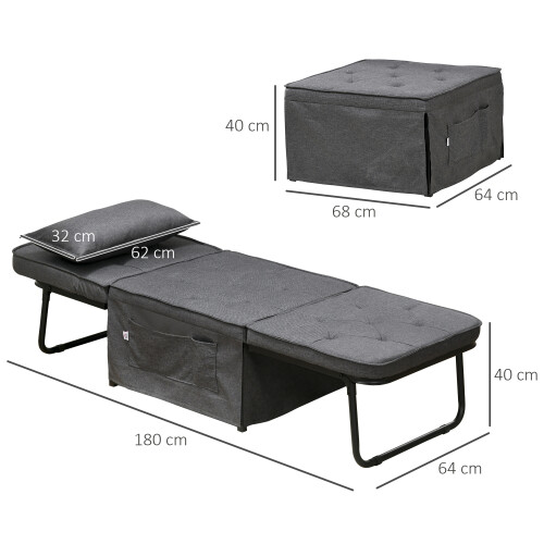 Homcom HOMCOM Convertible Sleeper Chair with Pillow and Side Pockets, Charcoal Grey 1