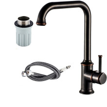 (Black) NEWRAIN Kitchen Sink Taps Mixer Solid Brass Monobloc Single Lever 360 Swivel Spout Kitchen Sink Basin Mixer Tap,with Flexible Hoses and Fittings,Black