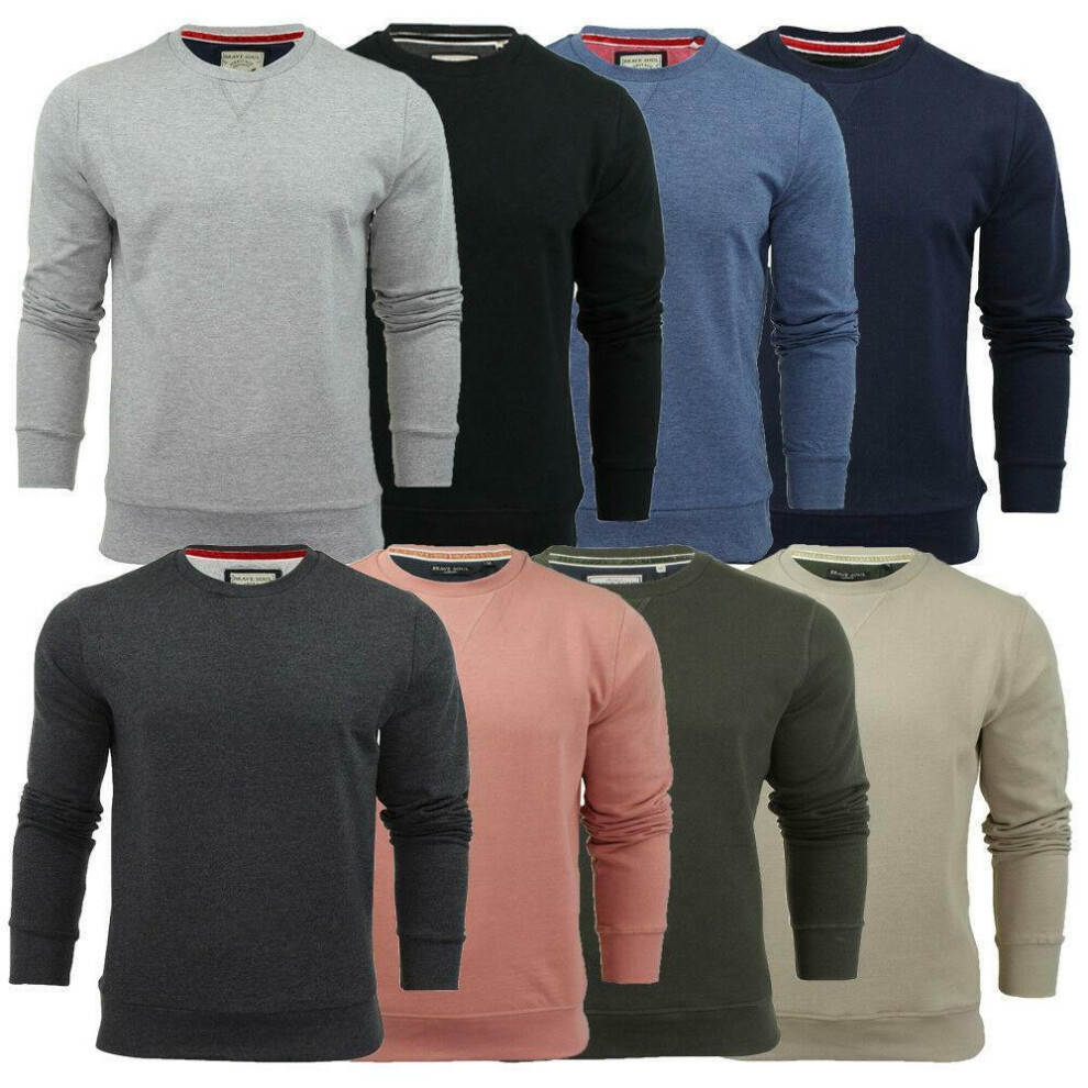 (Tan, S) Mens Crew Neck Jumper Light Knit Sweat Top Cotton Mix Sport Sweater  Brave Soul