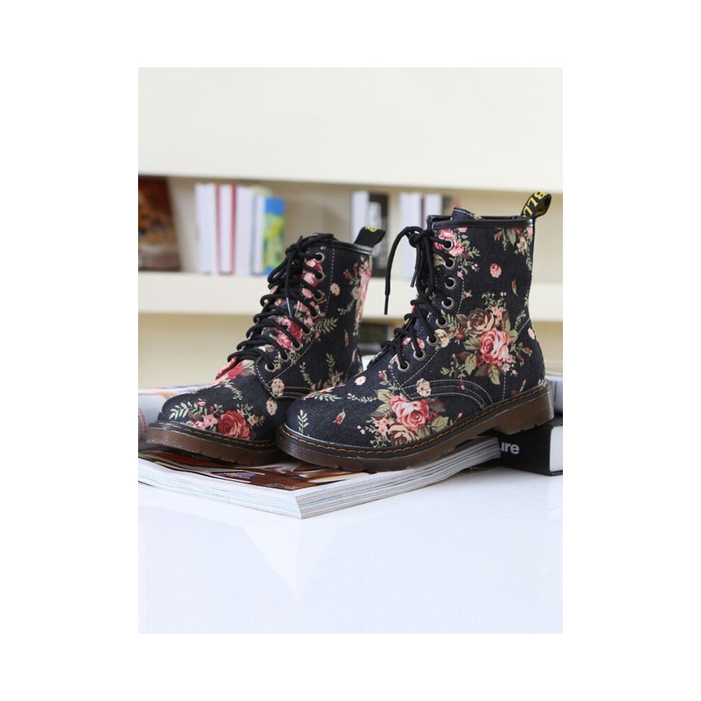 (BLACK, 38) Floral Printed Flat With Martin Boots