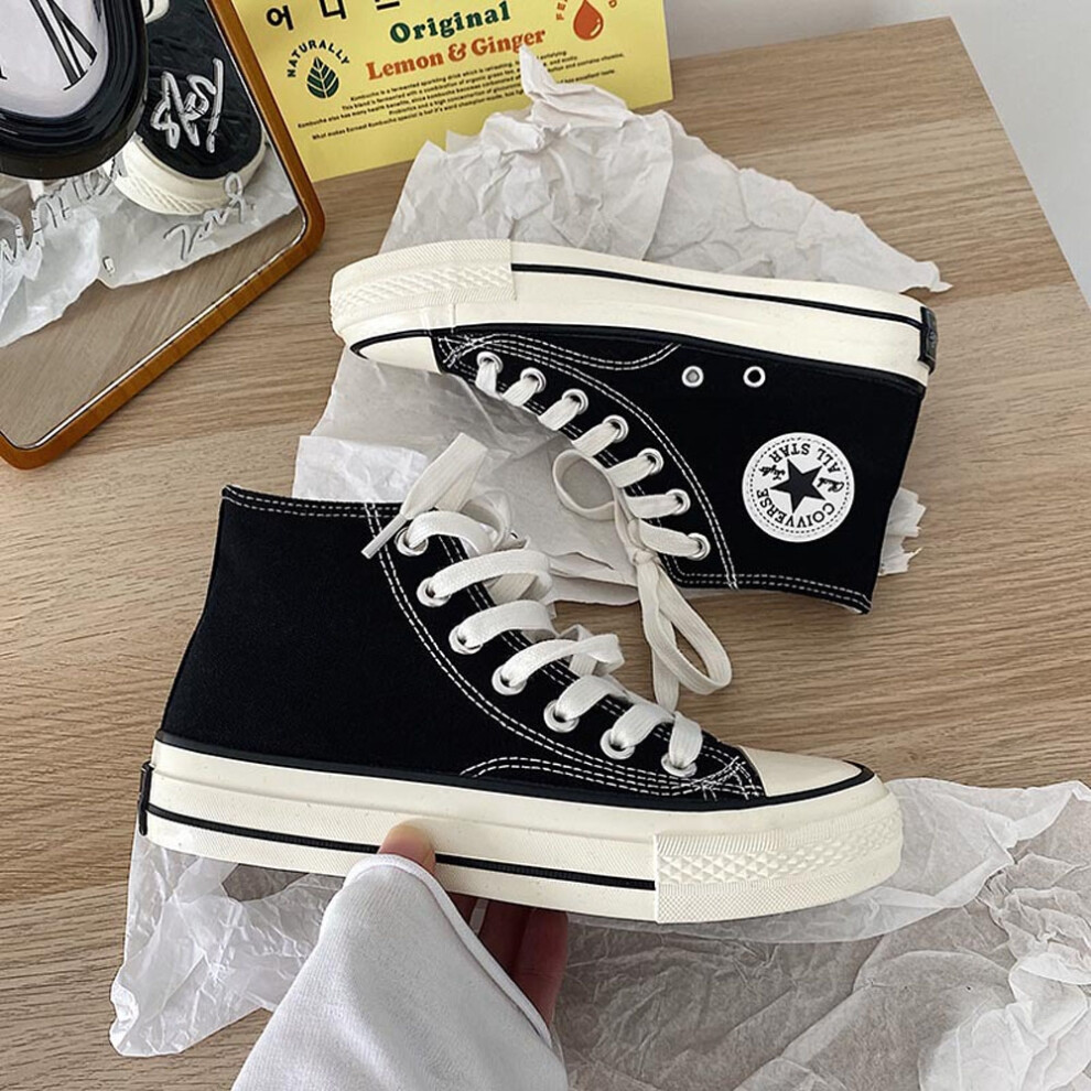 (BLACK, Us 6.5-7 | Eu 37 1/3 | Uk 4.5 | Cn 37 ) Casual High-Top Breathable Lace-Up Canvas Shoes