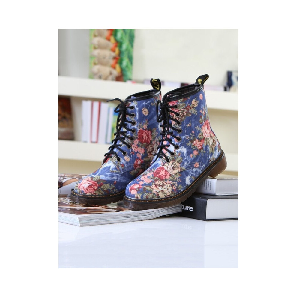 (BLUE, 39) Floral Printed Flat With Martin Boots