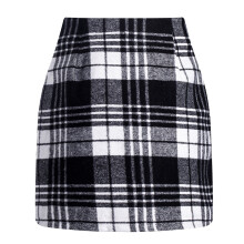 (BLACK WHITE, S) High Waisted Plaid Thick Woolen Mini Skirts