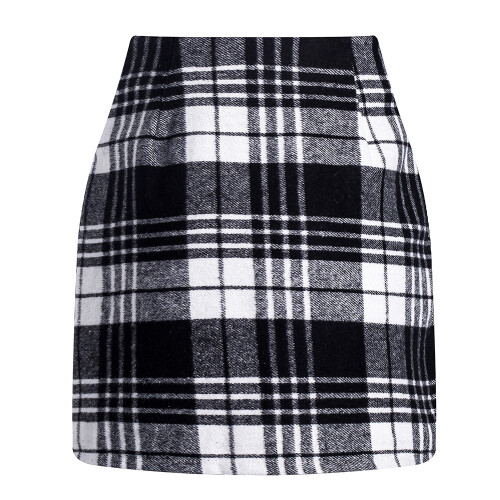 (BLACK WHITE, S) High Waisted  Plaid Thick Woolen Mini Skirts