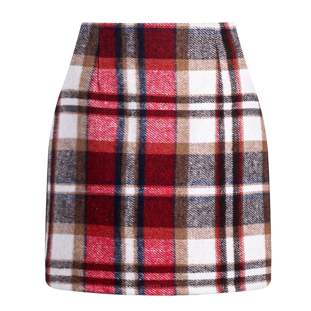 (Red , L) High Waisted  Plaid Thick Woolen Mini Skirts