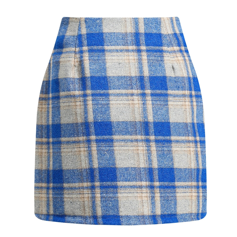 (BLUE, XL) High Waisted Plaid Thick Woolen Mini Skirts