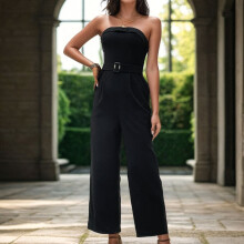 (BLACK, M) Solid Color Sexy Bandeau Strappy Waist Slimming Sleeveless Commuting Style Jumpsuit