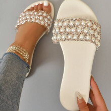 (White, 6.5) Stylish Women's Pearl and Rhinestone Slides - Comfortable Slip-On Flat Sandals for Casual Summer Outings