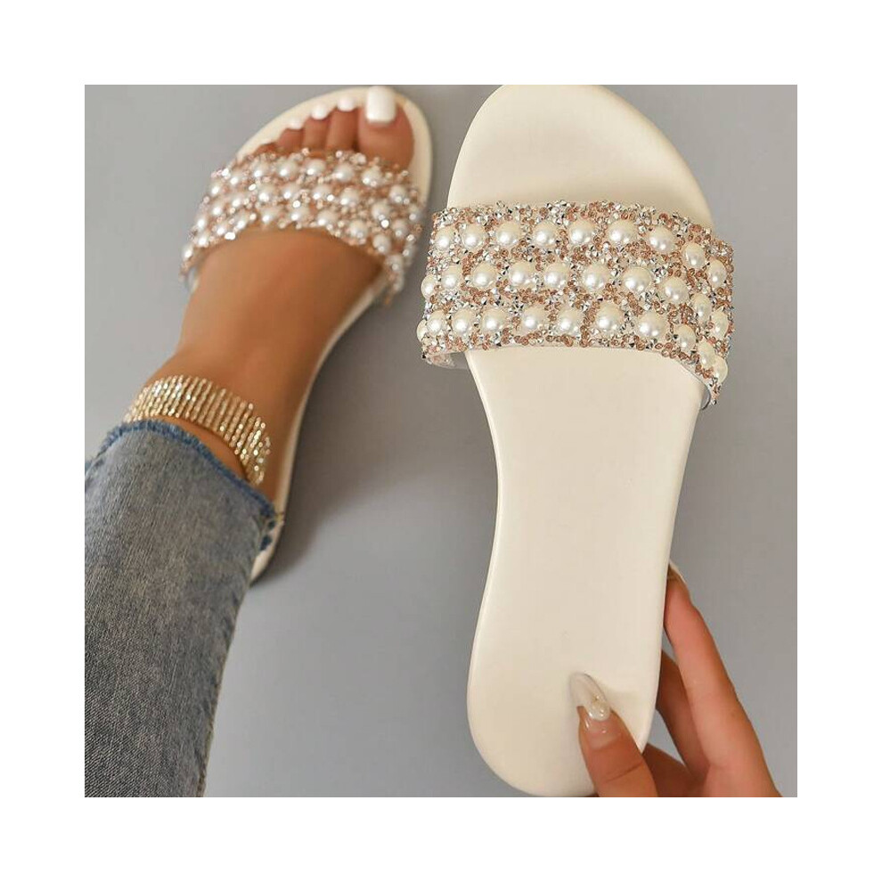 (White, 4) Stylish Women's Pearl and Rhinestone Slides - Comfortable Slip-On Flat Sandals for Casual Summer Outings