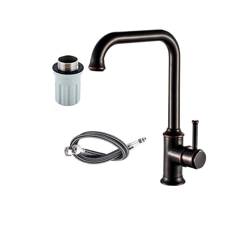 (Black) NEWRAIN Kitchen Sink Taps Mixer Solid Brass Monobloc Single Lever 360 Swivel Spout Kitchen Sink Basin Mixer Tap,with Flexible Hoses and Fittings,Black