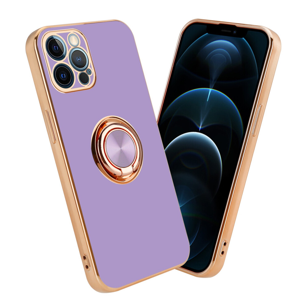 (Glossy Light Purple - Gold) Cadorabo Case for Apple iPhone 12 PRO with ring Protective Cover made of flexible TPU silicone, with camera protection and magnetic car holder
