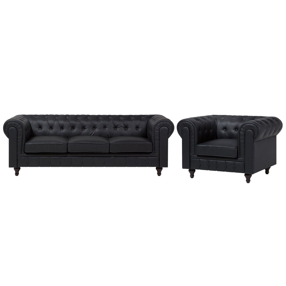 Living Room Set CHESTERFIELD Faux Leather Black 4 Seater