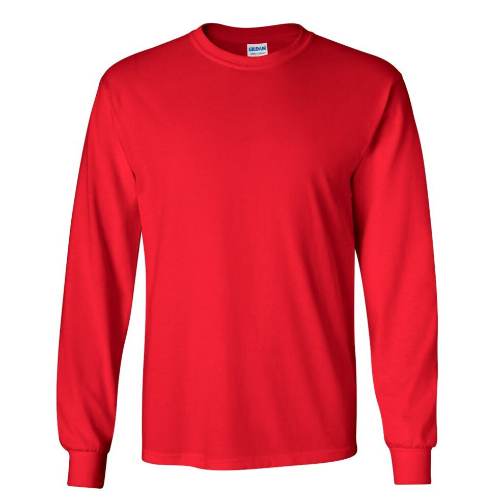 (L, Red) Gildan Mens Plain Crew Neck Ultra Cotton Long Sleeve T-Shirt