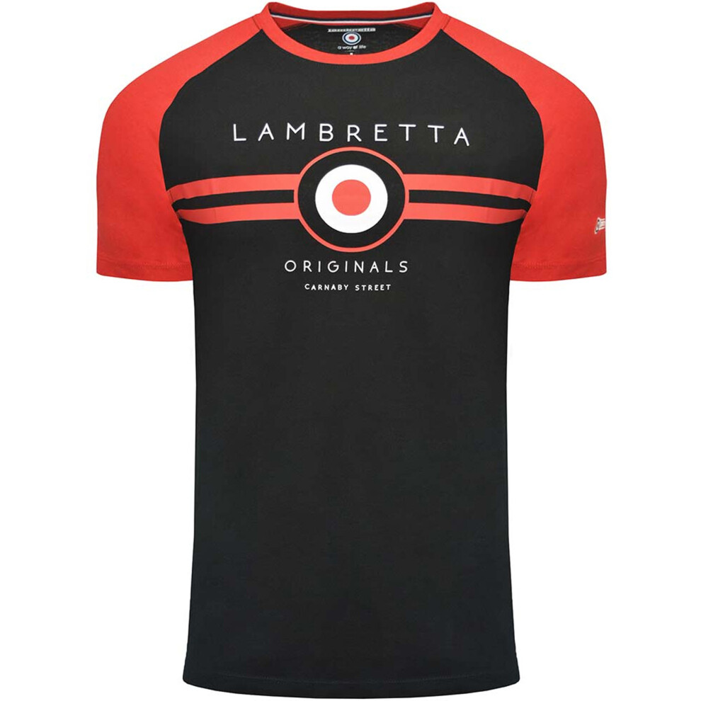 (XL, Black/Red) Lambretta Mens Target Raglan Crew Neck Casual Retro T-Shirt Top Tee