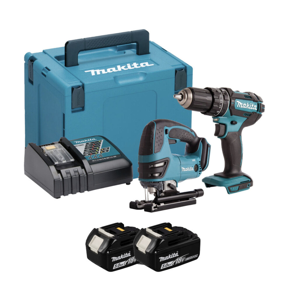 Makita DLX2134TJ Cordless 18V LXT DJV180 Jigsaw, DHP482 Combi Drill Twin Set With 2x5Ah Batts, Charger and MAKPAC Carry Case