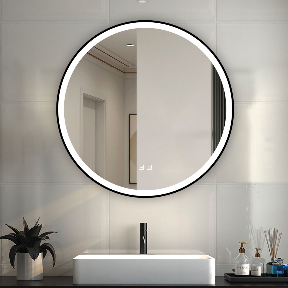 (600mm) Round Black Framed Wall Mirror with LED Lights