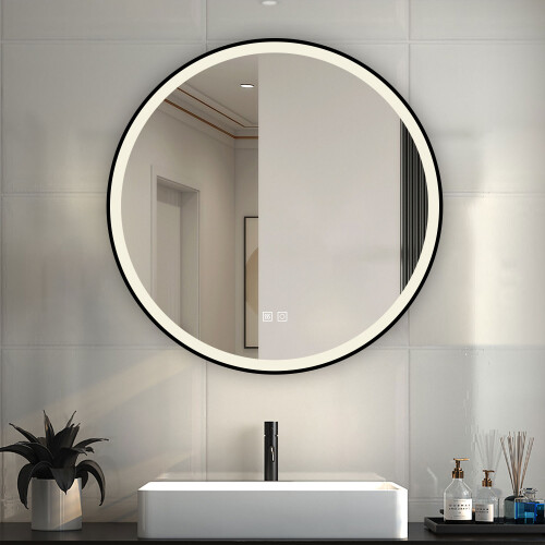 AICA (600mm) Round Black Framed Wall Mirror with LED Lights 2