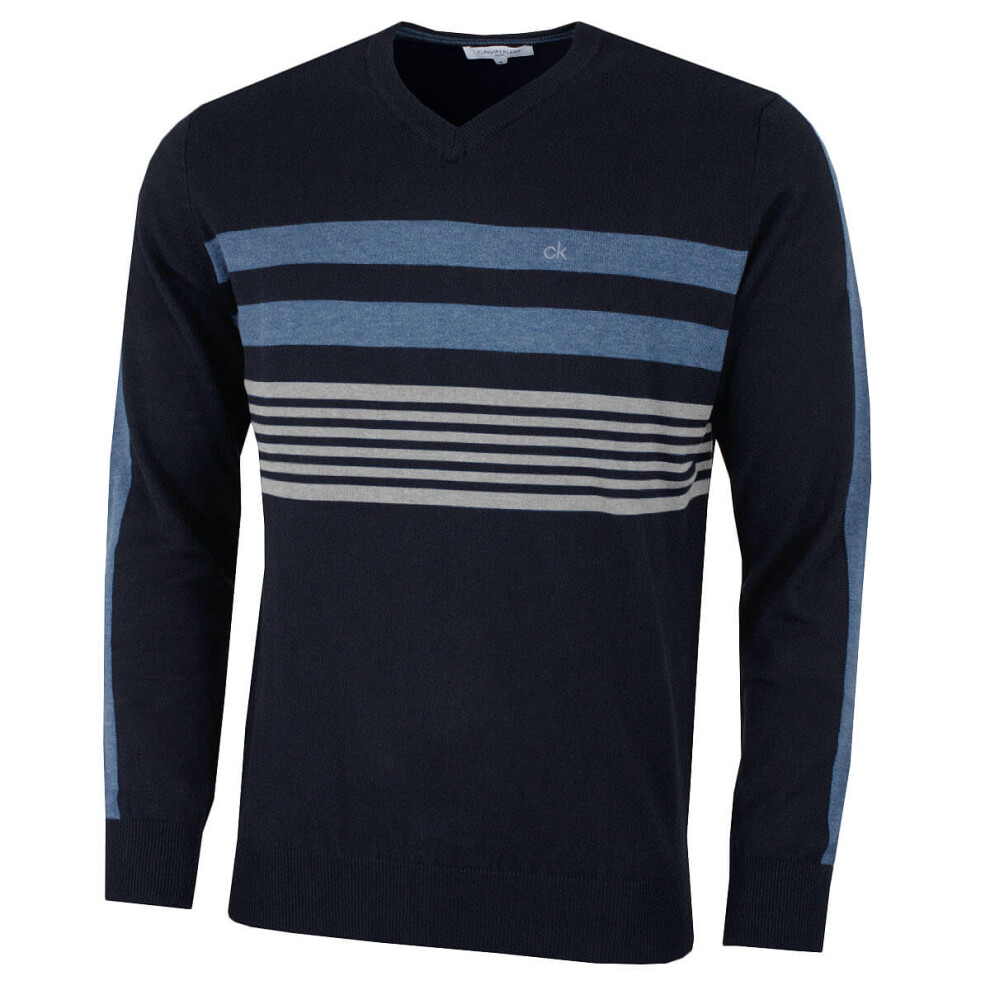 (L, Navy) Calvin Klein Mens 2022 V-Neck Performance Soft Chest Stripe Sweater