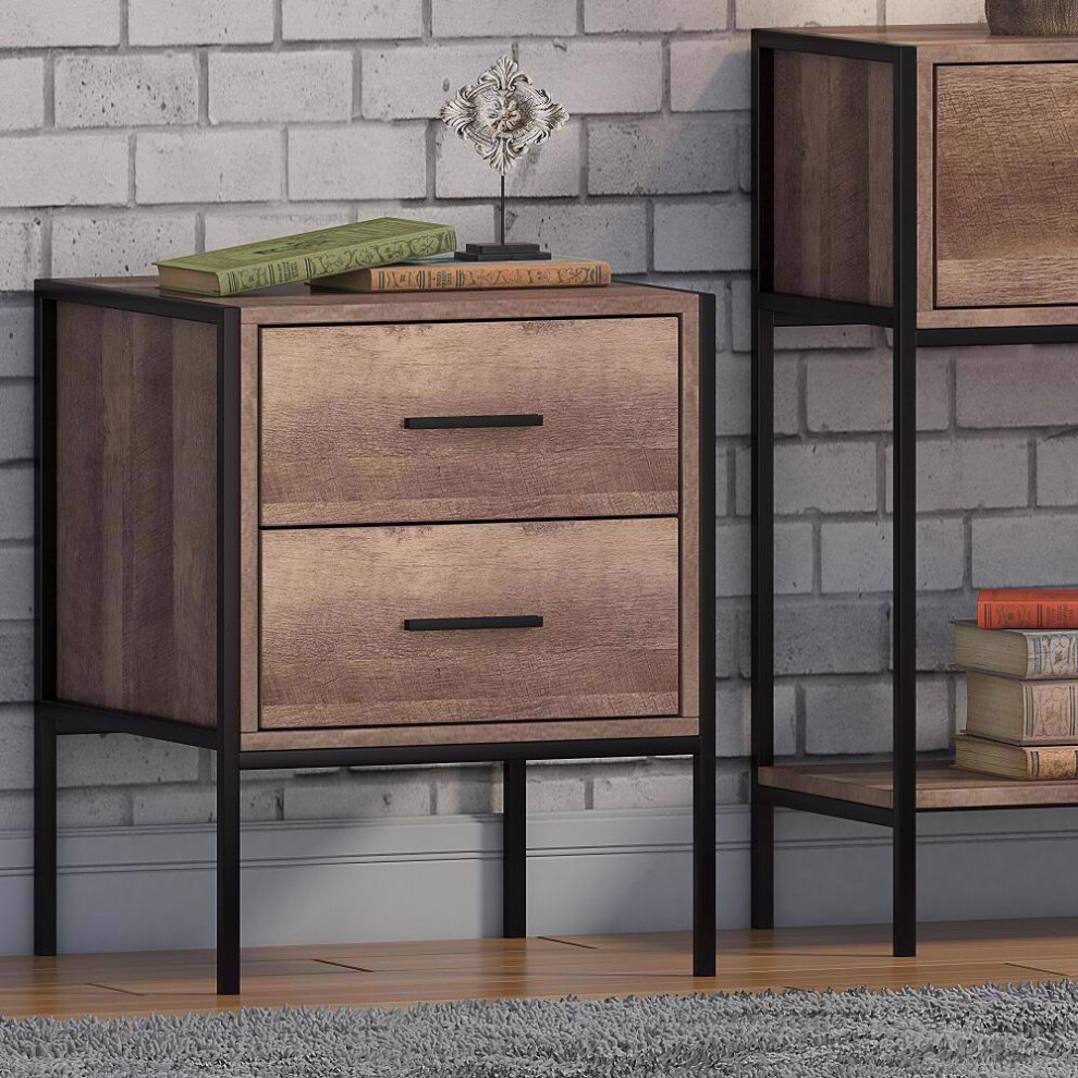 FWStyle Loft Industrial Oak Effect 2 Drawer Bedside Cabinet End Table.