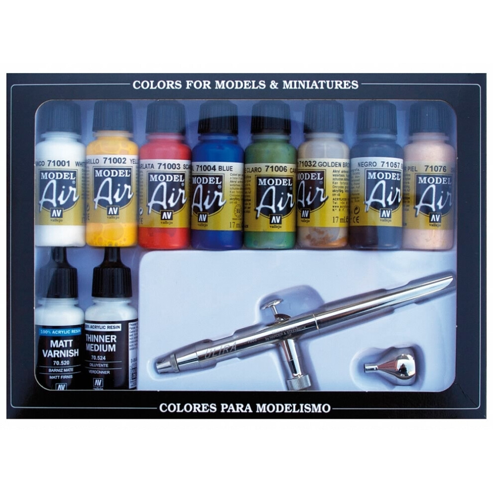 VAL71167 - AV Vallejo Model Air Set - Ultra Airbrush + 10 Basic Cols