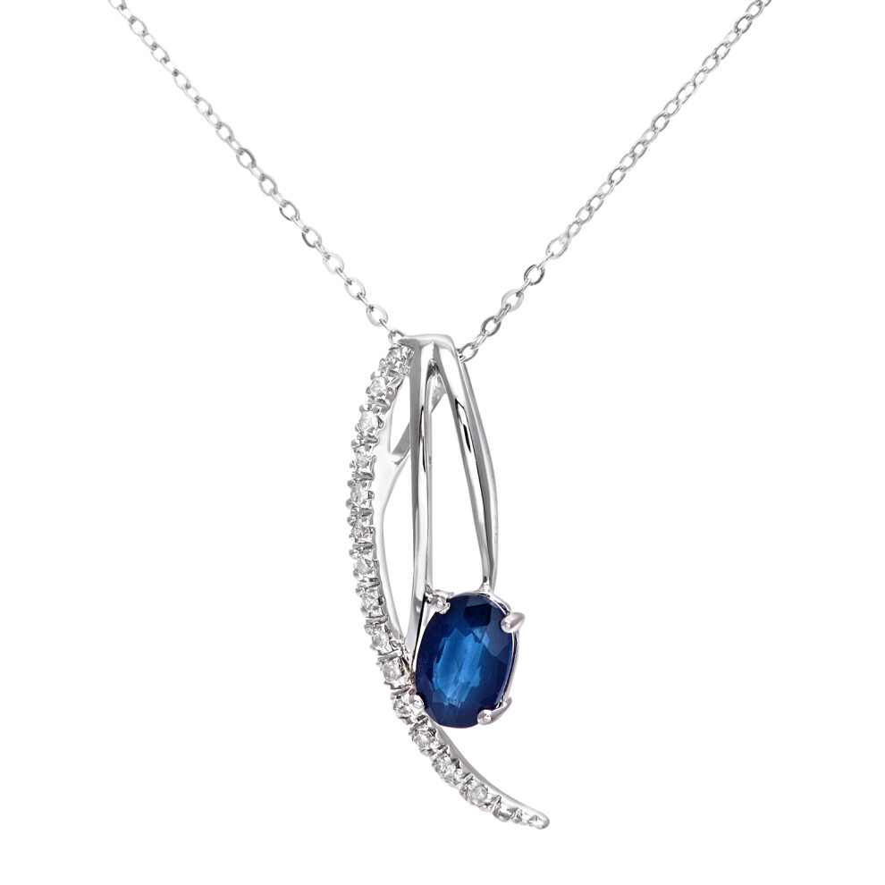 Jewelco London 9ct White Gold Round 10pts Diamond Oval 0.57ct Sapphire Angel Wing Pendant Necklace 16 inch 42cm - DP1AXL109WSA