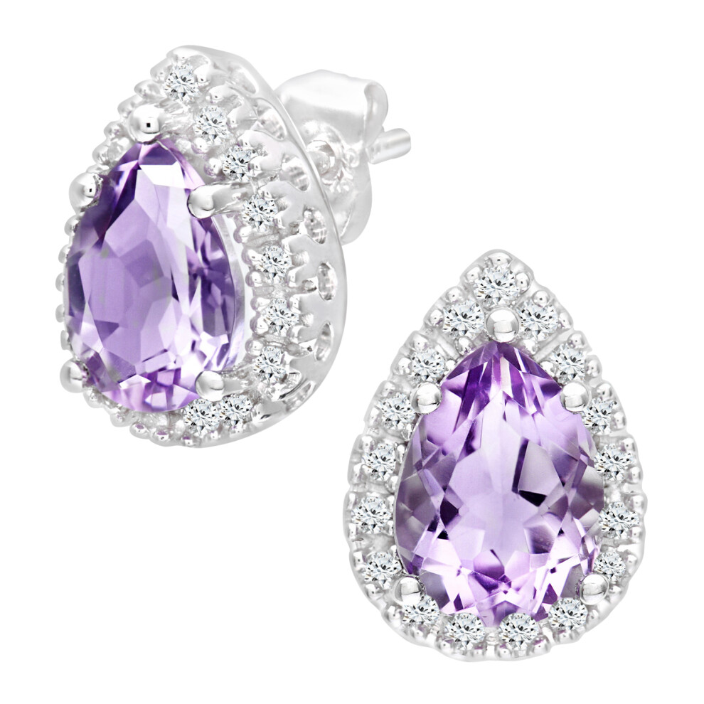Jewelco London 9ct White Gold Round 13pts Diamond Pear 2.15ct Amethyst Halo Teardrop Stud Earrings - PE0AXL3553WAM