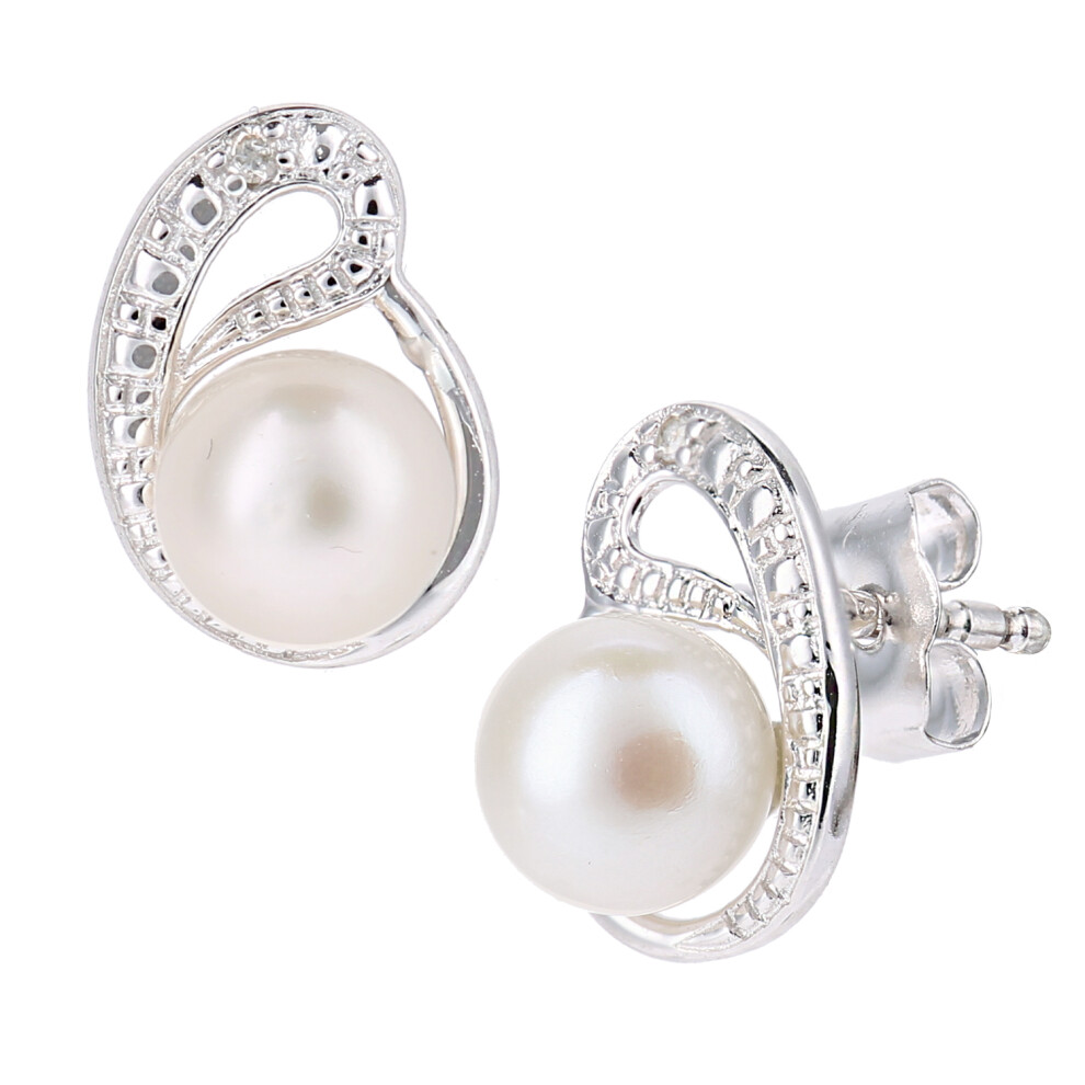 Jewelco London 9ct White Gold Round 1pts Diamond Round Pearl 5mm Ouroboros Moon Stud Earrings - PE0AXL5050WPRL