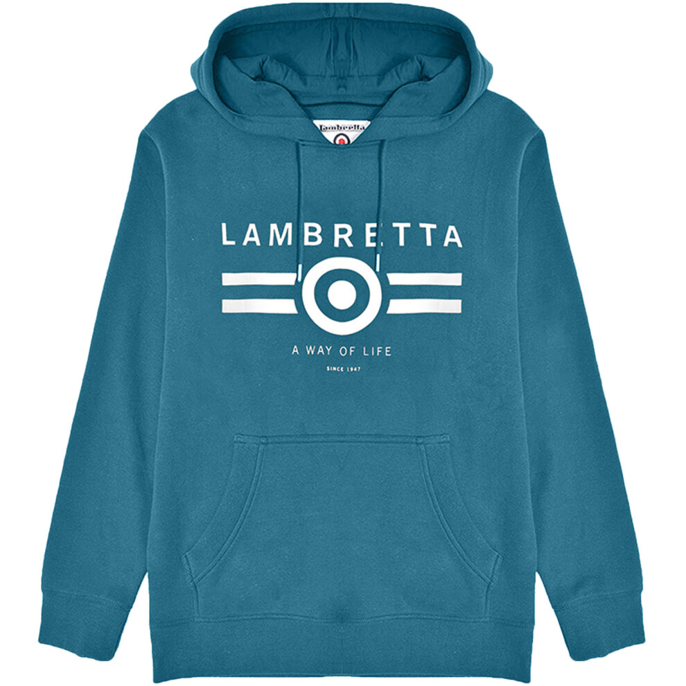 (S, Blue/Coral) Lambretta Mens Logo Graphic Pullover Sweatshirt Jumper Hoody Hoodie