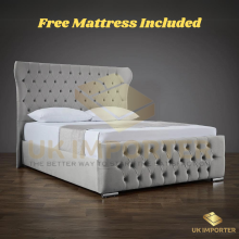 (Super King - 6ft, Grey Plush(without Ottoman Storage)) Oxford Chesterfield Winged Back Plush Velvet Bed Frame Ottoman GasLift Storage & Mattress