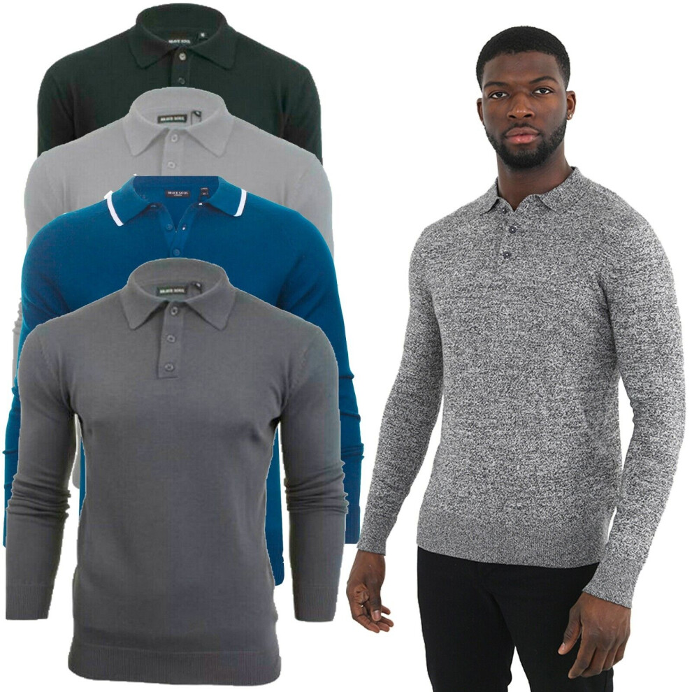 (Various, Small - XL) Mens Long Sleeve Polo Knitted Cotton Golf Shirt Collared Jumper Top Brave Soul