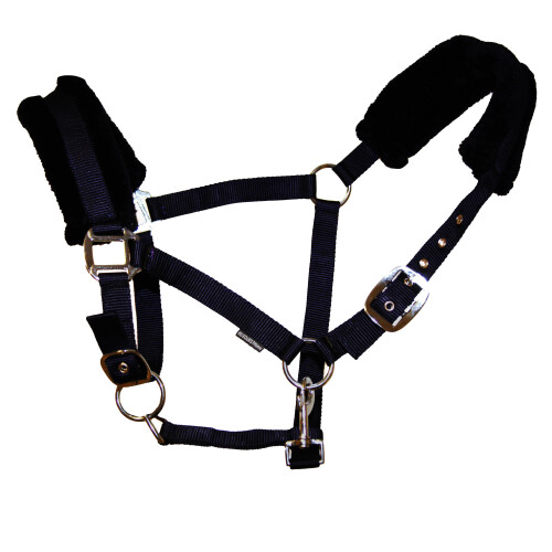 (Full, Black) Hy Faux Fur Padded Head Collar with Lead Rope