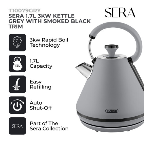 Tower Tower T10079GRY Sera Pyramid Kettle with Smoked Black Trim, 1.7L, 3KW, Grey 1